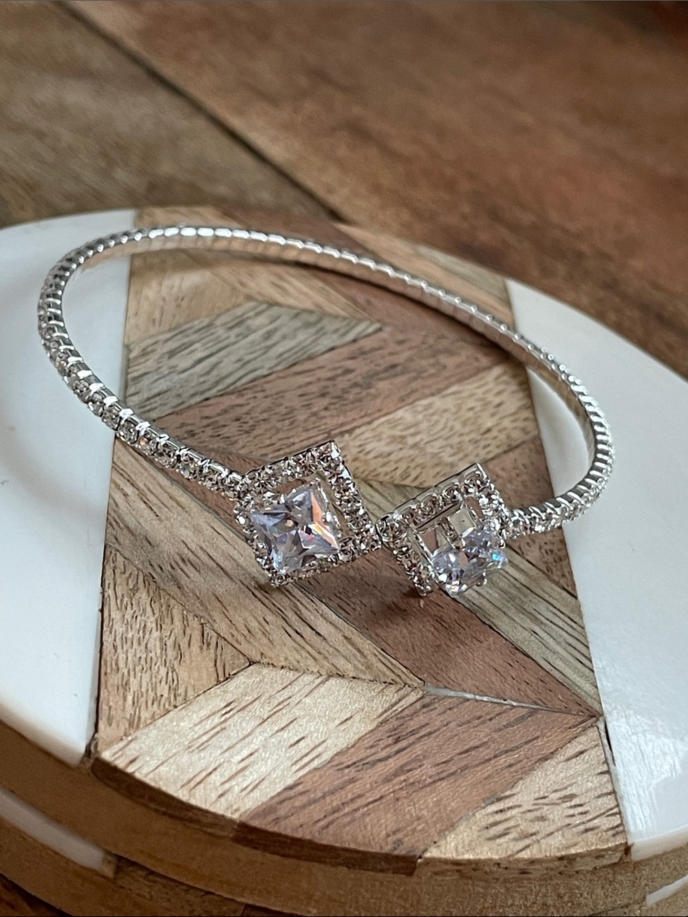Silver Open Bangle Bracelet with Square Clear Stones